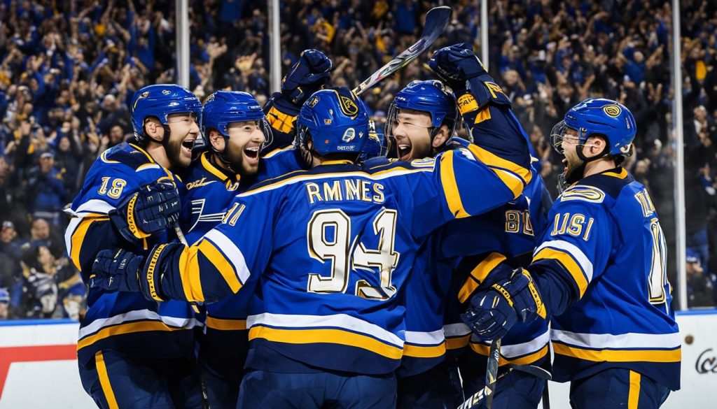 St. Louis Blues players celebrating a goal